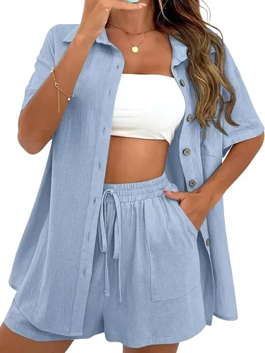 APAFES Conjuntos de 2 piezas de verano para mujer, pantalones cortos de lino de algodón, conjuntos cortos, top y pantalones cortos, trajes de