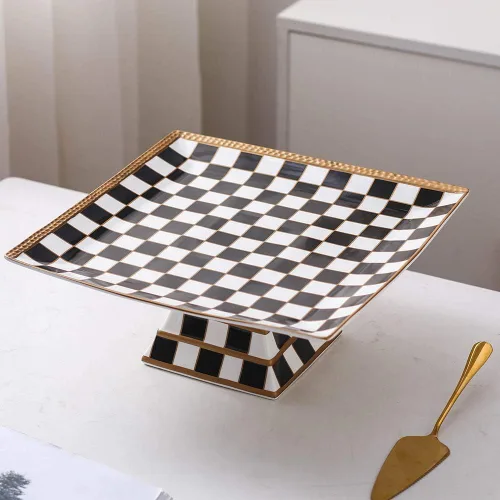 Vista 3 de Porlien Soporte para tartas con patrón de cuadros de 13 pulgadas, soporte para tartas, bandeja para servir