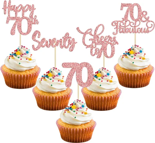 Paquete de 30 adornos para cupcakes de 70 cumpleaños feliz en color oro rosa con purpurina, setenta felicitaciones por 70 años de edad, adornos para