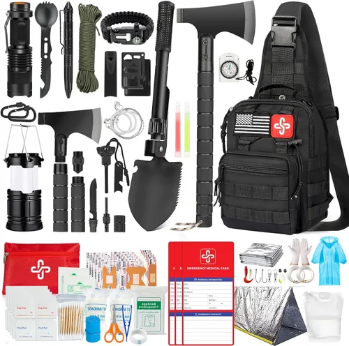 Kit de supervivencia, 262 piezas de equipo y suministros de supervivencia con bolsa de kit de primeros auxilios y bolsa bandolera, kit de emergencia