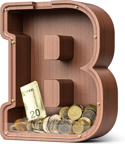 Vista 31 de SummiDate Alcancía de madera de letra para niños y niñas, Alfabeto, regalo de cumpleaños para niños (W)