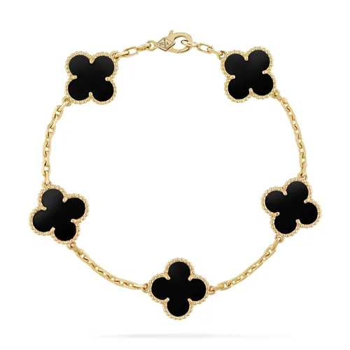 Vista 4 de PULSERA TREBOL VAN CLEEF RODINADA Y CAJA - COLOR: DORADO DIJE NEGRO