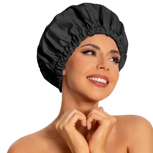 Vista 22 de Gorro de ducha reutilizable para mujer, grande, impermeable, lavable, banda elástica, accesorios de baño, sombrero para cabello largo, trenzas Beige