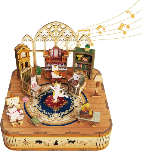 Vista 12 de Tonecheer x British Library Rompecabezas de madera con caja musical para adultos, kit de caja musical giratoria DIY, rompecabezas musical 3D