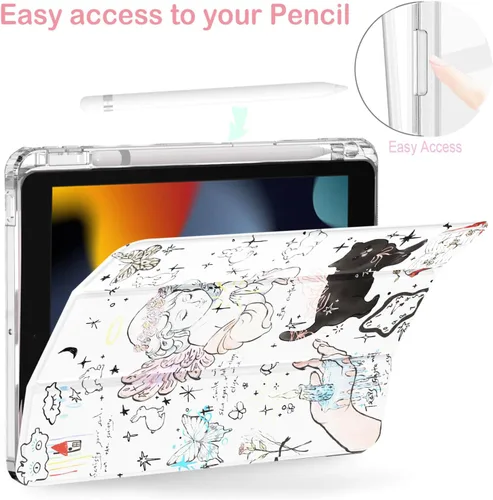 Vista 5 de Feams Funda para iPad de 9ª generación, funda triple para iPad 10.2, cubierta trasera transparente con soporte para lápiz y apagado Ángel