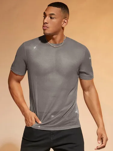Vista 5 de WDIRARA Camiseta de malla de manga corta con cuello redondo y estampado floral para hombre