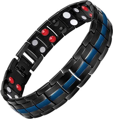 Vista 17 de Feraco Pulsera magnética de acero de titanio para hombre con doble fila de 4 elementos imanes, regalos para el día del padre