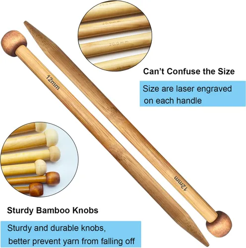 Vista 3 de Weabetfu Agujas de tejer de bambú de gran tamaño rectas de un solo punto gruesas de 10 pulgadas, agujas de tejer jumbo para hilo grueso hecho a mano