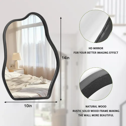 Vista 7 de Espejo de pared asimétrico con marco de madera, espejo colgante moderno irregular para pared para tocador, sala de estar, dormitorio, baño, entrada