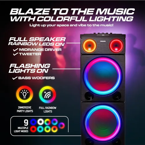 Vista 8 de Philips Altavoz Bluetooth para fiestas, sonido potente de 260 W con refuerzo dinámico de bajos, 10 modos de luz RGB, entradas de micrófono