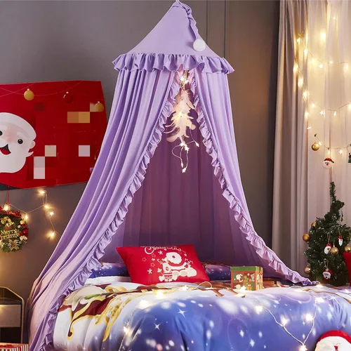 Vista 12 de VETHIN Toldo de cama para niños con luces, doble capa de cúpula redonda de princesa para niños, mosquitera de ensueño, habitación de niñas