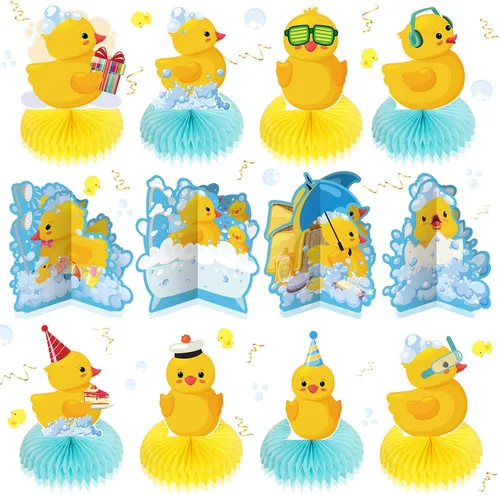 Vista 7 de Teling 12 piezas de decoración de cumpleaños de pato de goma rosa con temática de panal de abeja de una suerte, centros de mesa para niñas, fiesta