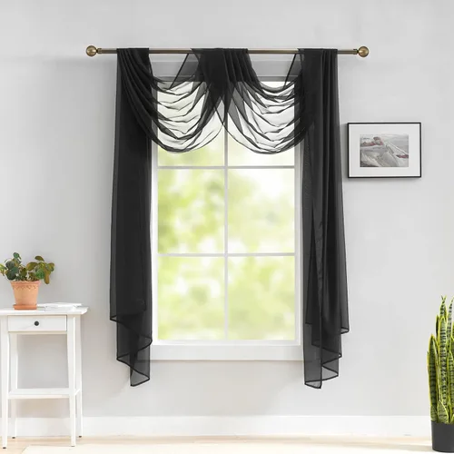 Vista 2 de Luvyohmee Cenefa de bufanda transparente negra para ventanas, cortina de 144 pulgadas, cenefas de ventana de tela para drapear, toldo de cama, 52