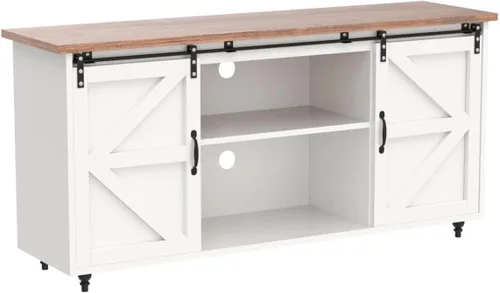 Vista 4 de 4ever2buy Farmhouse Coffee Bar Cabinet with Storage, 58'' Sideboard Buffet Cabinet with Sliding Barn Door, White Coffee Bar with Gourd Feet