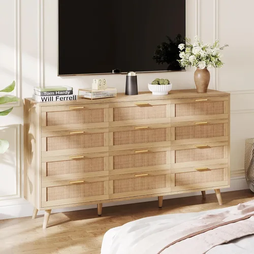Vista 57 de Rovaurx Cómoda doble de 6 cajones para dormitorio, cómoda de ratán, cómoda de madera moderna con asas doradas, mesa auxiliar para armario, sala