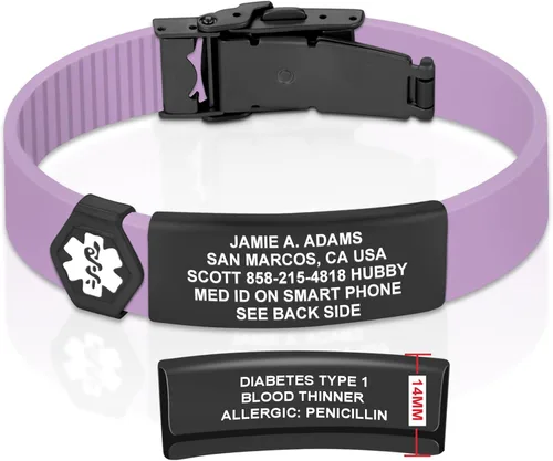 Vista 133 de Divoti Pulsera de identificación de alerta médica grabada personalizada, grabado láser de doble cara (hasta 9 líneas), pulsera de silicona ajustable