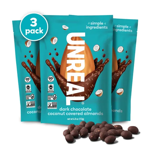 Vista 11 de UNREAL Almendras de chocolate negro - Certificado vegano, sin gluten, comercio justo, sin OMG, sin alcoholes de azúcar o soja (6 bolsas)