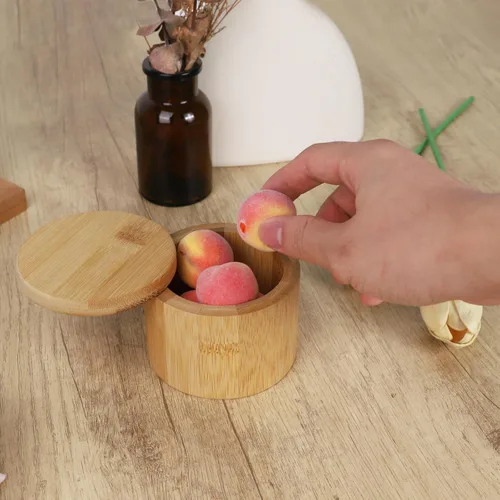 Vista 6 de Mulitbey - Soporte de clip de bambú con tapa giratoria, organizador de escritorio de madera natural para clips de papel, clips de carpeta, soporte