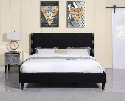 Vista 6 de Base de cama de plataforma tapizada completa con cabecero de 51 pulgadas de alto, cama de tela copetuda con botones, soporte de listones de madera