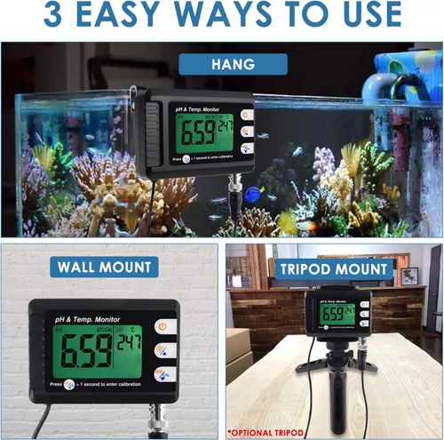 Vista 2 de 2 en 1 Monitor de pH de temperatura Medidor Probador Kit de prueba de sensor 0 ~ 14.0 pH Reconocimiento automático de tampón Sonda de electrodo BNC