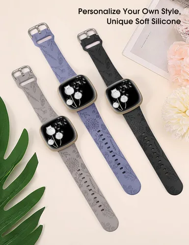 Vista 4 de Minyee Paquete de 3 correas grabadas florales compatibles con Fitbit Versa 4/Versa 3/Sense 2/Sense Band para mujer, lindo diseño de flores de diente