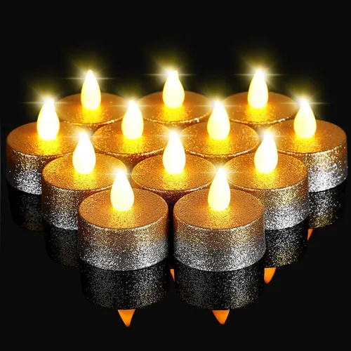 Vista 11 de Retisee 48 velas LED sin llama, con purpurina, velas falsas eléctricas para centros de mesa, funciona con pilas, decoración romántica de invierno