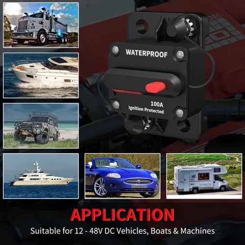 Vista 6 de DaierTek Disyuntor de circuito de 100 amperios de 12 V a 48 V, CC de 12 voltios 100 A en línea con reinicio manual, impermeable, para barco marino