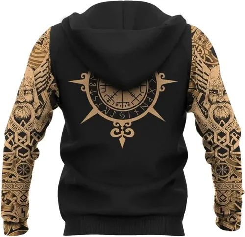 Vista 3 de Sudadera con capucha de lobo vikingo nórdico, estampado 3D, para hombre, vegvisir Odin Fenrir con nudo celta