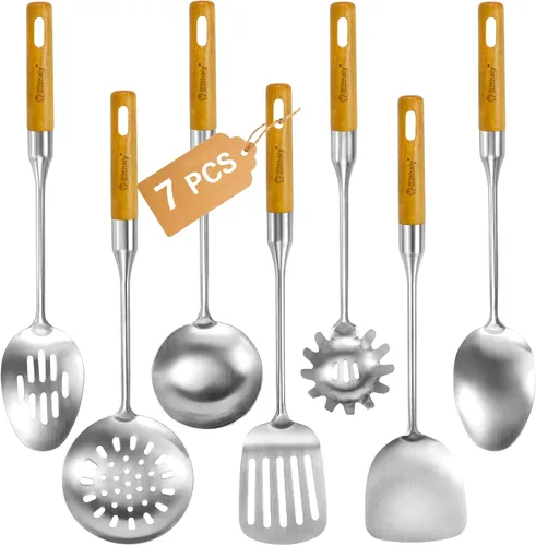 Juego de utensilios de cocina de acero inoxidable con mango de madera, 7 piezas de utensilios de cocina largos de acero inoxidable, juego de