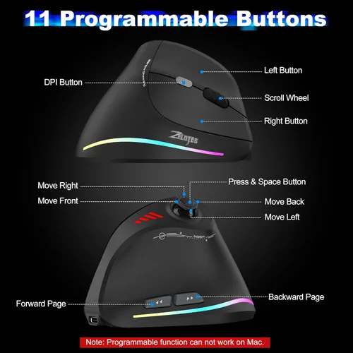 Vista 6 de TRELC Mouse inalámbrico para juegos con balancín 5 D, 24000 DPI/11 botones programables, mouse ergonómico para conexión de 2 dispositivos