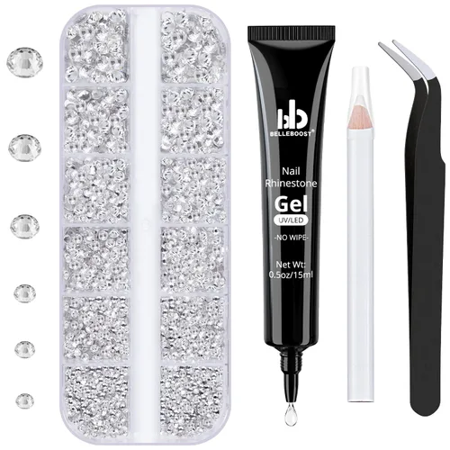 Vista 27 de Kit de pedrería para uñas BELLEBOOST, 15ml de pegamento de gel con strass + gemas coloridas + cristales de vidrio flatback AB y gemas transparentes