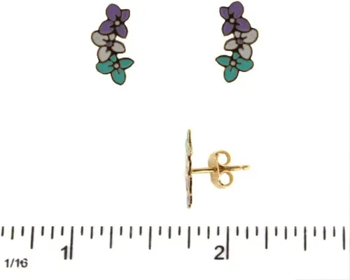 Vista 2 de Pendientes de oro amarillo macizo de 18 quilates, turquesa, blanco y lila, esmaltados, flores