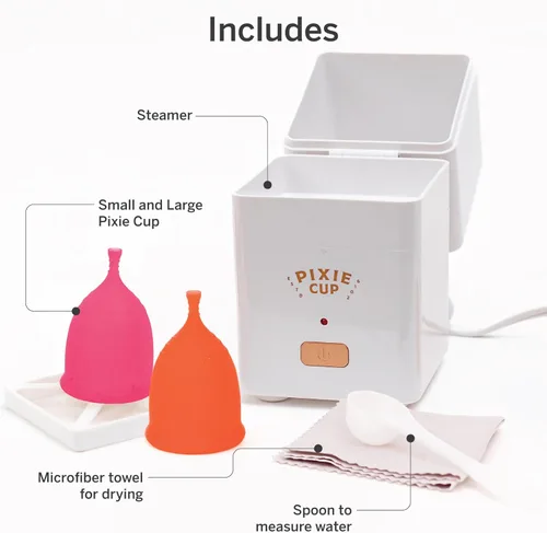 Vista 2 de Copas Menstruales Pixie con Esterilizador - La Copa Menstrual Reutilizable Más Cómoda y Suave - Mata el 99.9% de los Gérmenes con Vapor Limpio