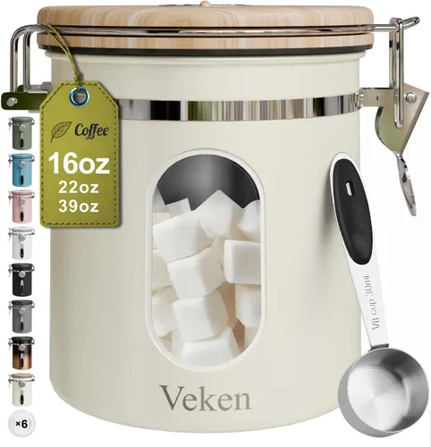 Vista 10 de Veken Recipiente de café con ventana, recipiente hermético de almacenamiento de alimentos de cocina de acero inoxidable con tapas, rastreador