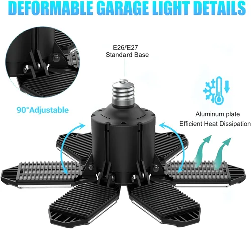 Vista 5 de Bombillas LED para garaje, 100W 6000K, luces LED de garaje para techo con 6 paneles ajustables, E26/E27 luz de taller atornillable para ático