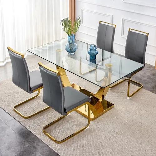 Vista 28 de Juego de mesa de comedor de 63 pulgadas para 4, juego de mesa de comedor dorado moderno para 4, juego de mesa de cocina de mármol sintético
