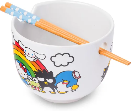 Vista 23 de Silver Buffalo Hello Kitty y sus amigos Chococat - Tazón de cerámica para ramen y arroz con palillos, patrón a cuadros, apto para microondas, 20