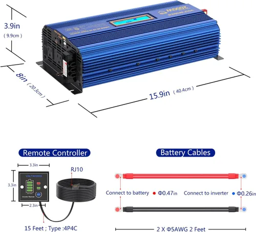 Vista 9 de Inversor de potencia 2000 W CC 12 V a CA 120 V ETL UL458, inversor de onda sinusoidal modificada con pantalla LCD, control remoto, 2 salidas de CA