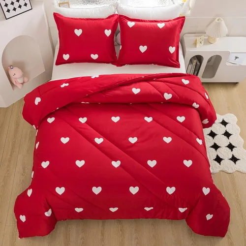 Vista 14 de Caressma - Juego de edredón tamaño individual - Juego de ropa de cama con edredón de color azul claro con bonito estampado de corazones, juego