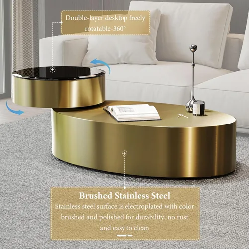 Vista 5 de Mesa auxiliar giratoria ovalada dorada, mesa central de lujo moderna de 2 niveles con parte superior redonda giratoria de 360°, mesa de té con base