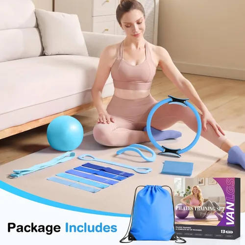 Vista 8 de Pilates Kit 13Pcs Home Pilates Essentials Workout Kit with 13" Ring, 10" Ball and Resistance Bands for Women at Home Pilates Equipment Set for