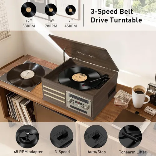 Vista 2 de Tocadiscos de vinilo 10-en-1 Centro de música con tocadiscos incorporados, altavoces integrados, soporte de 3 velocidades, entrada/salida