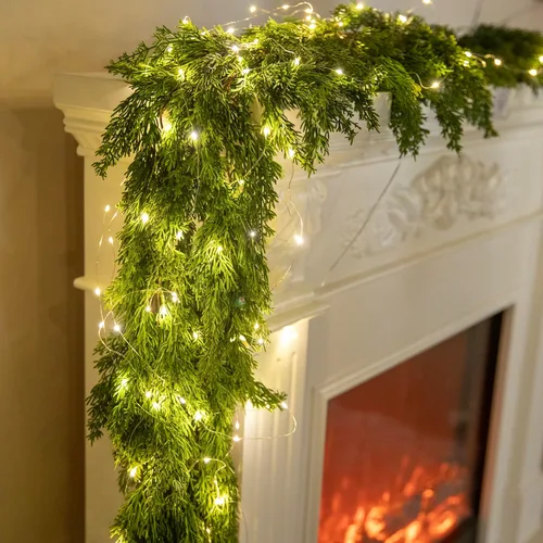 Vista 3 de Guirnalda de Navidad artificial de PARTY JOY de 6 pies con cadena de luces LED, guirnalda de ciprés de aguja de pino para decoración de vacaciones