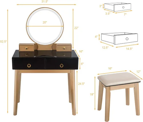 Vista 7 de CHARMAID Escritorio de tocador con espejo iluminado, mesa de maquillaje negra con 4 cajones de almacenamiento, 3 modos de iluminación, patas