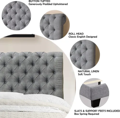 Vista 25 de Rosevera Gideon - Marco de cama tapizado de tela con cabecera ajustable, estilo Chesterfield, soporte de listones de madera, fácil montaje