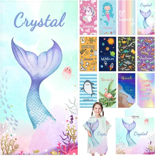 Vista 15 de Toalla de playa personalizada con capucha para niños, toallas de playa personalizadas con capucha, súper absorbente, de secado rápido, personalizada