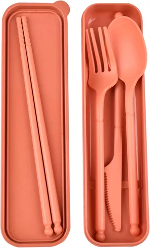 Vista 9 de Juego de utensilios de campamento, juego de utensilios reutilizables con estuche, juego de cubiertos de plástico, tenedores, cuchara, palillos