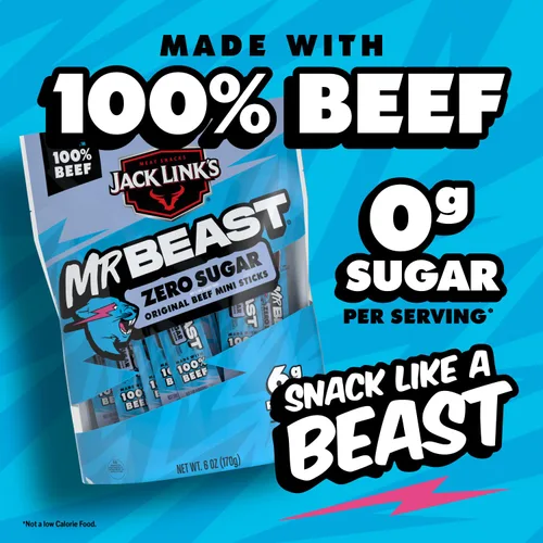 Vista 4 de Jack Link’s x MrBeast Mini Palitos de Ternera Sin Azúcar – 6g de Proteína por 2 Palitos de Carne Envueltos Individualmente, Hechos con 100% Ternera