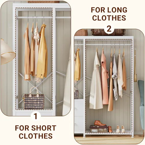 Vista 6 de Lulive Perchero de ropa resistente para colgar ropa, estantes de ropa industrial con estantes, 2 cajones de tela, 4 ganchos, 2 varillas para colgar