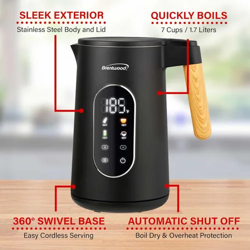 Vista 8 de Brentwood Hervidor digital inalámbrico Cool Touch de 1100 W y 1.7 L con interior de acero inoxidable, control de temperatura con 4 preajustes, base